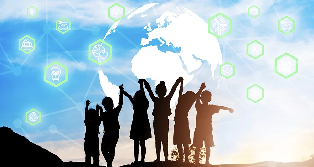 Graphic of children, the earth and science symbols