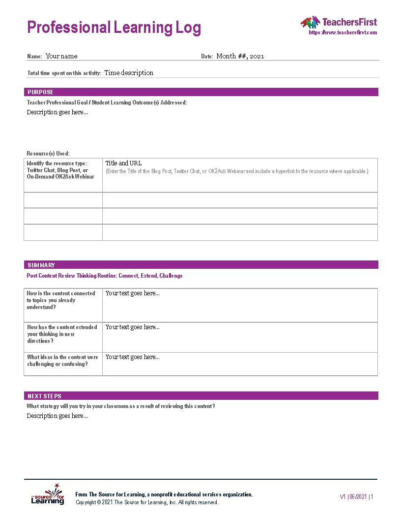 Professional Learning Log Full Form